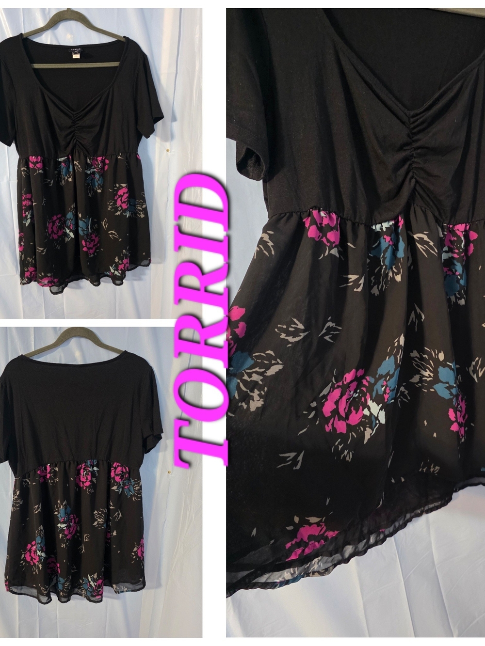 Torrid Black Floral Front Ruched Babydoll Top - Black with Pink & Teal Floral
